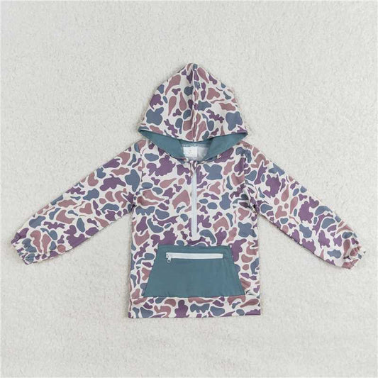 Sibling Boys Girls Green Camo Hooded Zip Fall Pullovers Tops