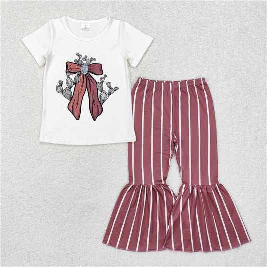 RTS GSPO1704  Baby Girls Western Themed Bow Cactus Print Shirt And Stripes Bell Bottom Pants Outfit Set