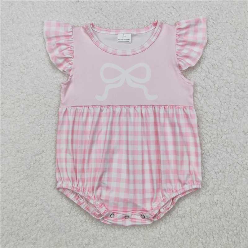 RTS SR2135 Baby Infant Girls Pink Bow Flutter Sleeve Rompers Cute Baby Girl Outfit Pink Bow Detail Rompers for Infants