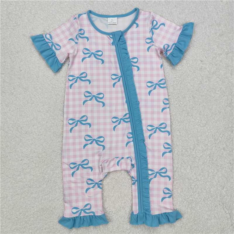 RTS SR2026 Baby Infant Girls Pink Checkered Rompers with Ruffle Zipper Bows Cute Casual Outfit for Little Girls