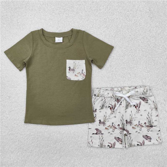 RTS BSSO1175 Baby Boys Summer Clothes Baby Boys Green Hunting Top Ducks Mallard Shorts Clothes Sets
