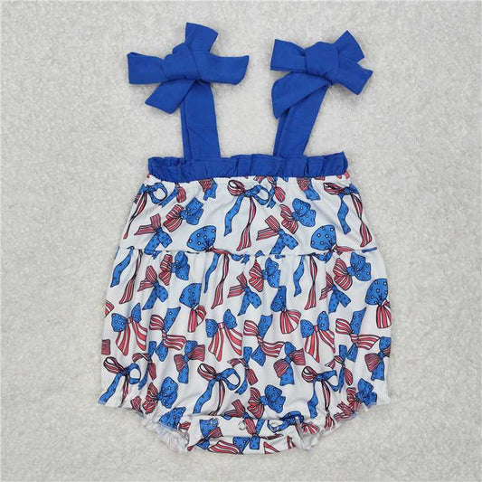 RTS SR2318  Baby Infant Girls 4th of July Bows Straps Rompers Red White And Blue Striped Rompers