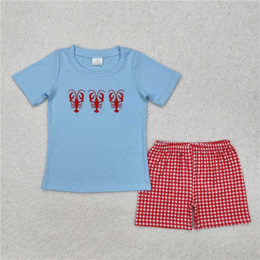 RTS BSSO1161 Baby Boys Summer Clothes Baby Boys Crawfish Blue Shirt Checkered Shorts Clothes Sets