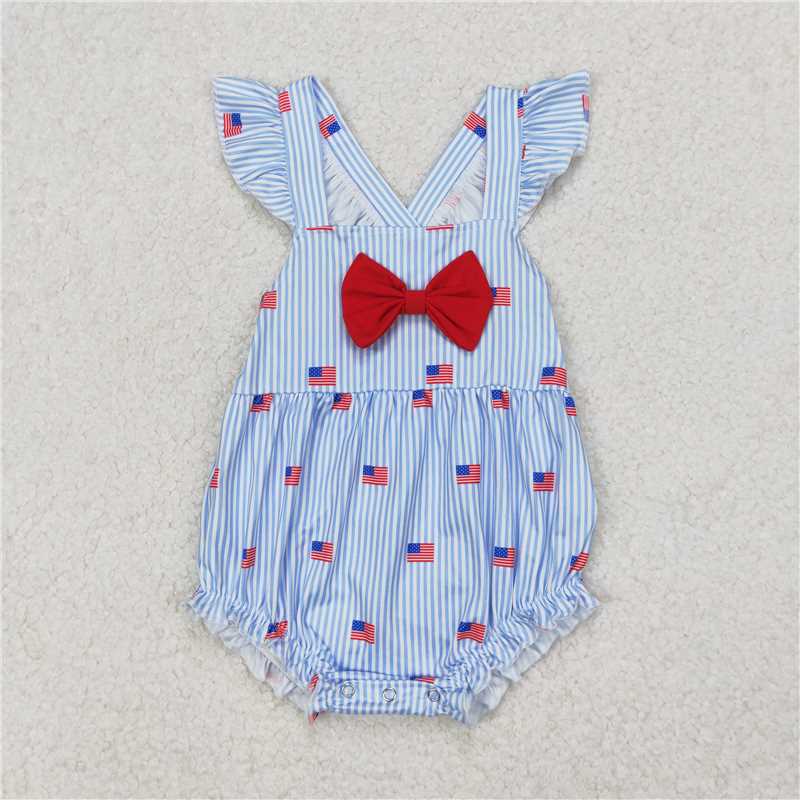 Sibling Embroidery Baby Girls Red Flags 4th of July Bows Rompers Outfits Sets 4.19