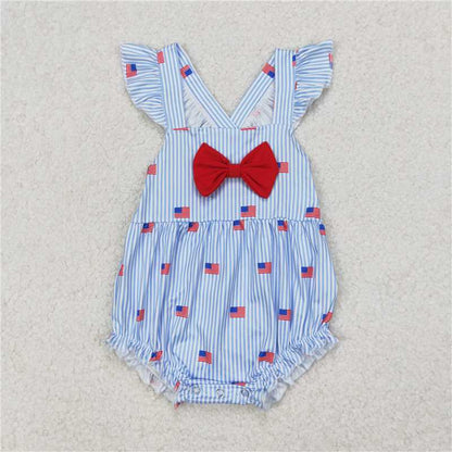 Sibling Embroidery Baby Girls Red Flags 4th of July Bows Rompers Outfits Sets 4.19