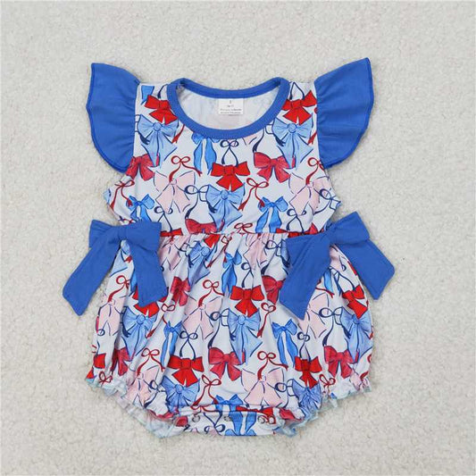 RTS SR2954 Baby Infant Girls 4th of July Ruffle Rompers with Blue Hot Bows Flutter Sleeves