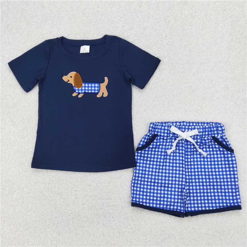 RTS BSSO1227 Baby Boys Summer Clothes Embroidery Baby Boys Navy Dachshund Shirt Checkered Shorts Clothes Set