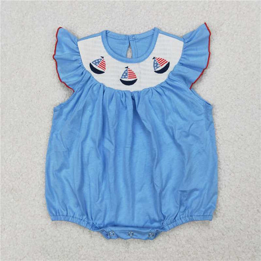 RTS SR2573  Smocked Baby Girls Rompers Infant 4th of July Sailboats Theme Red White And Blue Cotton Rompers for Baby Girls