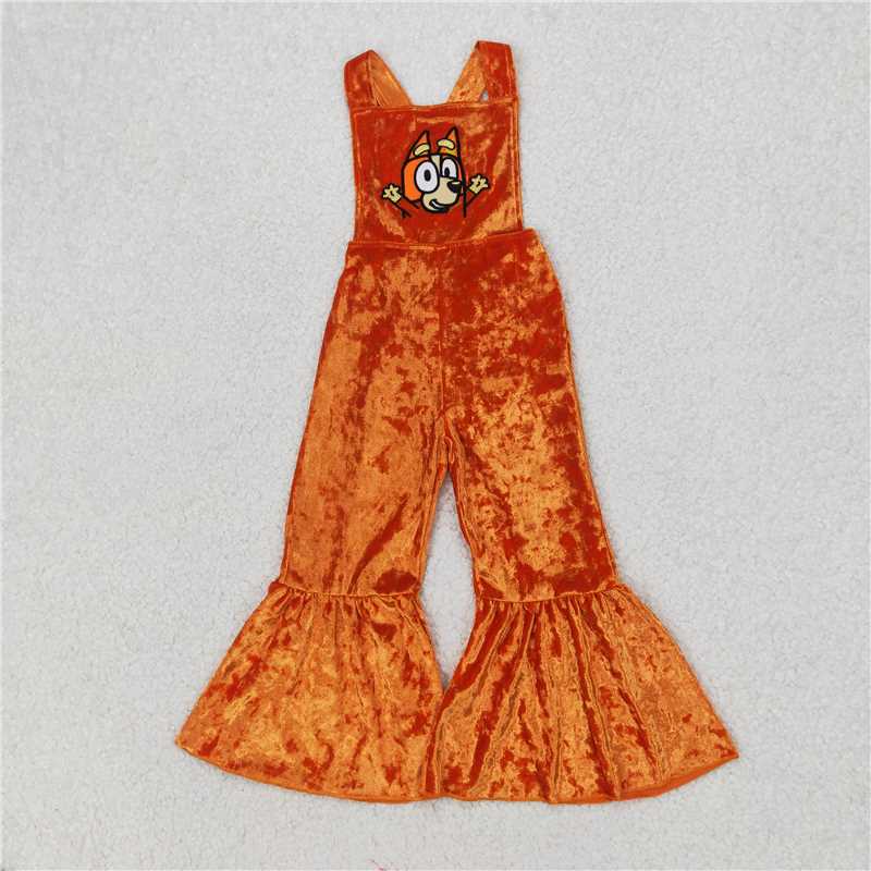 RTS SR2444 Baby Girls Velvet Jumpsuits with Straps Orange Dog Print for Kids' Clothing