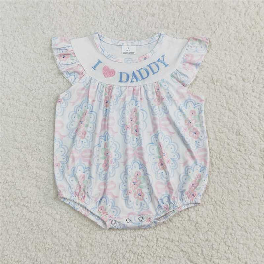 RTS SR2946 Floral Embroidery Baby Girls Rompers with Ruffles And I LOVE DADDY Bows