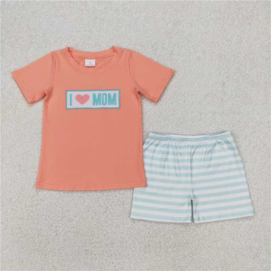 RTS BSSO1435 Baby Boys Summer Clothes Embroidery Baby Boys Orange I LOVE MOM Top Stripe Shorts Sets