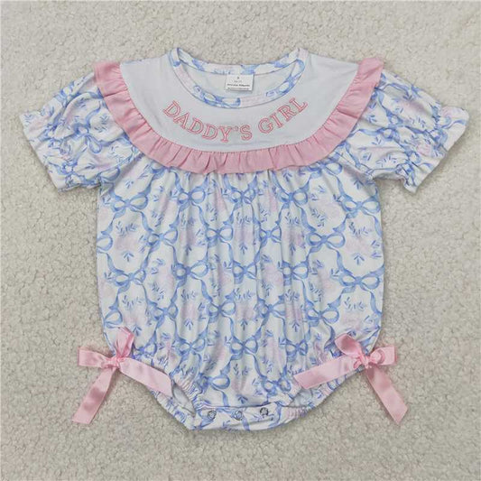 RTS SR2944  Blue Bows 'Daddy's Girl' Embroidery Ruffle Rompers for Baby Infant Girls
