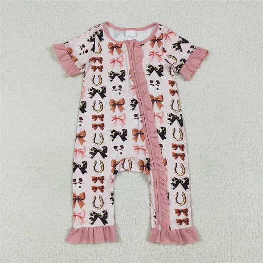 RTS SR3116  Baby Girls Pink Zipper Rompers with Western Bows And Horse Shoes Design