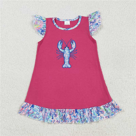 RTS GSD2398 Floral Embroidery Baby Girls Dress with Flutter Sleeves Crayfish Pattern Knee-Length Cute Children's Clothing