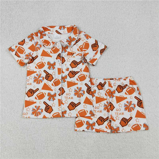 RTS GSSO2676 Baby Girls Orange Footballs Bows Button Top Short Pajamas Set Cute Go Team Print Sleepwear for Infants
