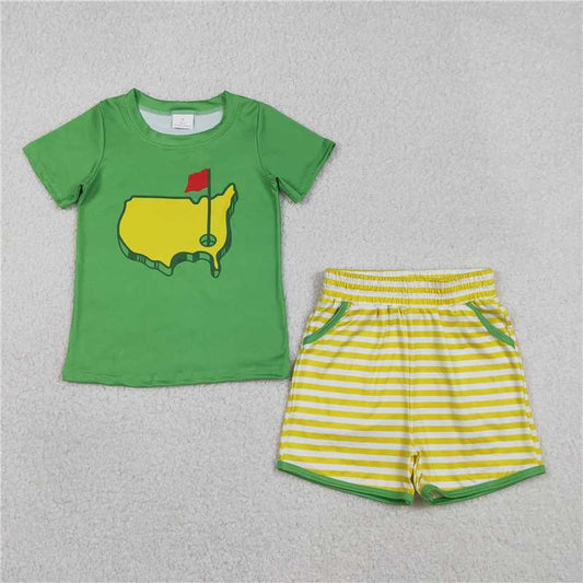 RTS BSSO1673 Baby Boys Green Golf Flags Top Pockets Stripe Shorts Clothes Sets
