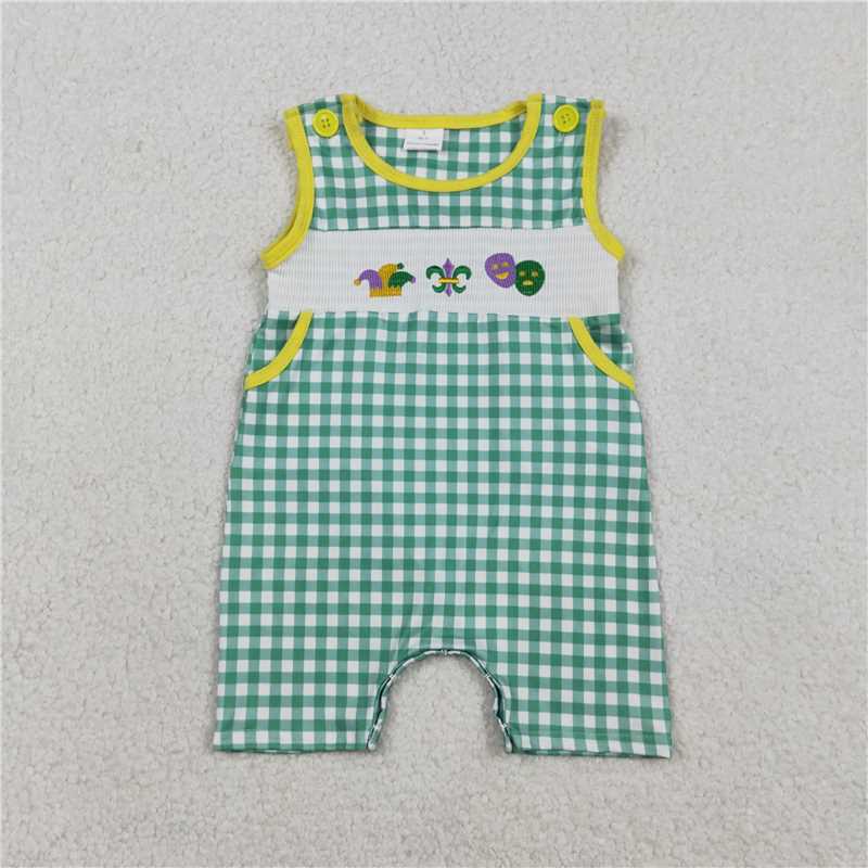 RTS SR3312 Baby Boys Romper Smocked Anchors Masks Baby Boys Green Checked Pockets Mardigras Rompers
