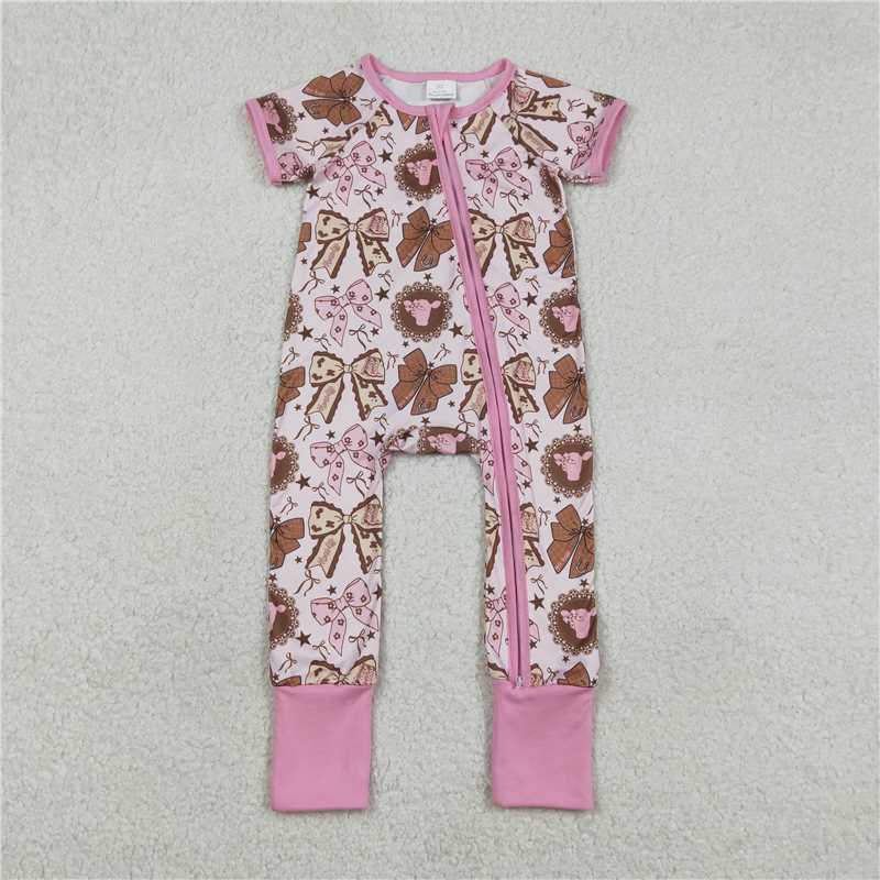 RTS SR3763 Baby Girls Highland Cows Western Print Rompers with Two-Way Zip Convertible Design Floral Detailing for Infants