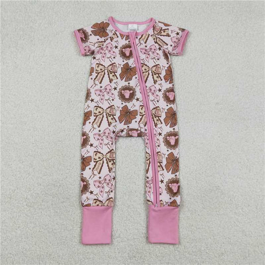 RTS SR3763 Baby Girls Highland Cows Western Print Rompers with Two-Way Zip Convertible Design Floral Detailing for Infants