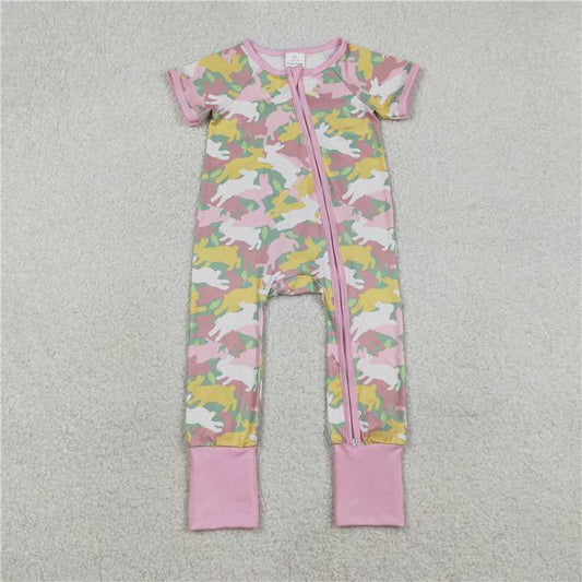 RTS SR3715 Baby Girls Camouflage Easter Rompers with Two-Way Zip Convertible Design Soft Rabbit Ear Headwear