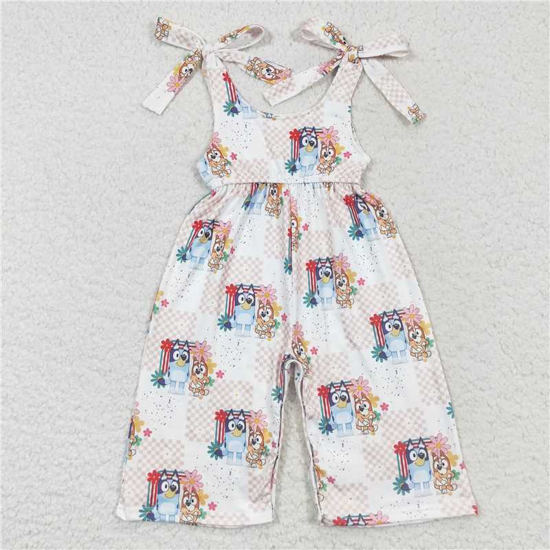 RTS SR0435 Baby Girls Dogs White Floral Plaid Romper Jumpsuits Spring Summer Outfit for Infants Soft Cotton Clothing