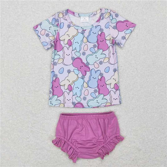 RTS GBO0197 Baby Girls Easter Rabbit Print Purple Top And Bummies Set Spring Holiday Outfit for Infants