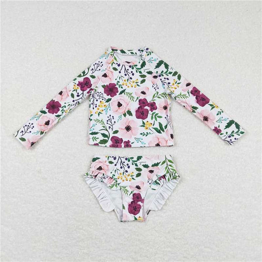 RTS S0180 Baby Girls 2pcs Swimsuits with Flowers Long Sleeve Top And Bottoms Swimwear for Infants