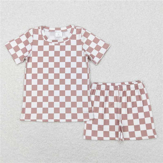 RTS BSSO0326 Baby Kids Khaki Checkered Summer Shorts Pajamas Clothes Sets