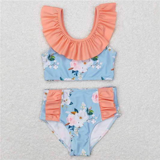 RTS S0179 Girls Peach Ruffle Floral Summer Swimsuit 2 Pcs Set Cute Swimwear for Little Girls