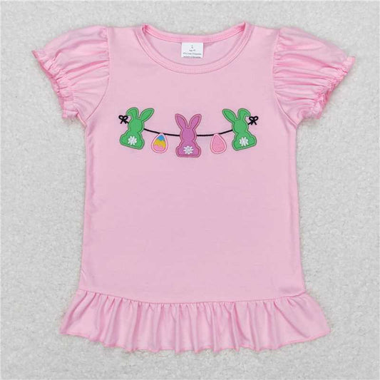RTS GT0391 Baby Girls Easter Pink Rabbits Bunny Puffy Short Sleeve Shirt Tops Spring Holiday Outfit for Infants