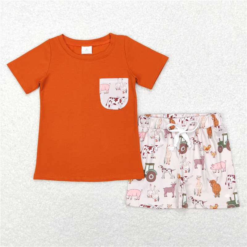 RTS BSSO0339 Baby Boys Farm Pocket Short Sleeve Tops Shorts Clothes Sets