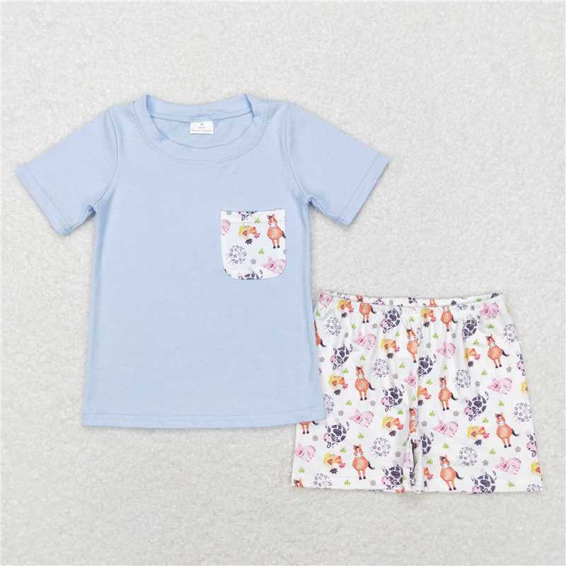 RTS BSSO0352 Baby Boys Cows Horse Blue Farm Shirt Top Shorts Clothing Sets