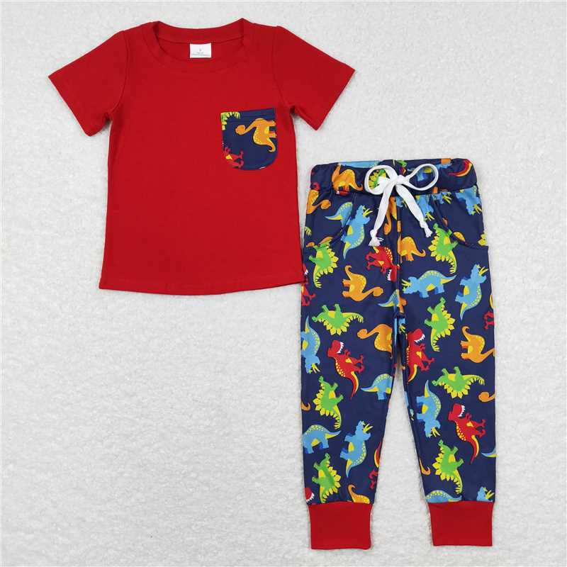 Sibling Brother Baby Boys Dinosaurs Pocket Tee Tops Pants Clothes Sets