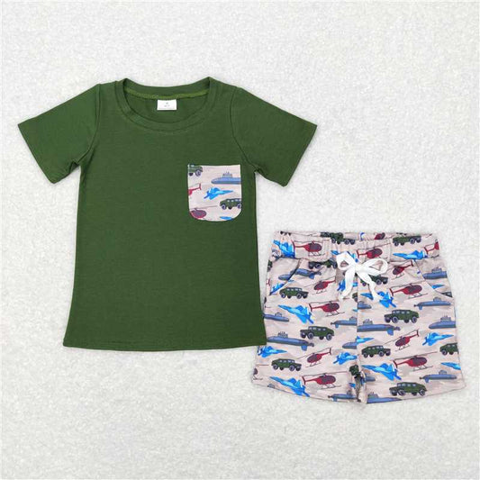 RTS BSSO0338 Baby Boys Green Army Pocket Tee Shirt Top Shorts Clothes Sets