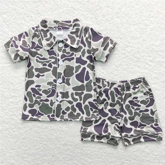 RTS BSSO0332 Baby Boys Light Green Camo Buttons Shirt Shorts Summer Pajamas Clothes Sets