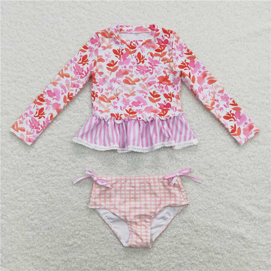 RTS S0166 Baby Girls Orange Flowers 2pcs Swimsuits Long Sleeve Top with Bummies Outfit