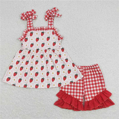 Baby Girls Strawberry Straps Sister Summer Sibling Clothes Sets