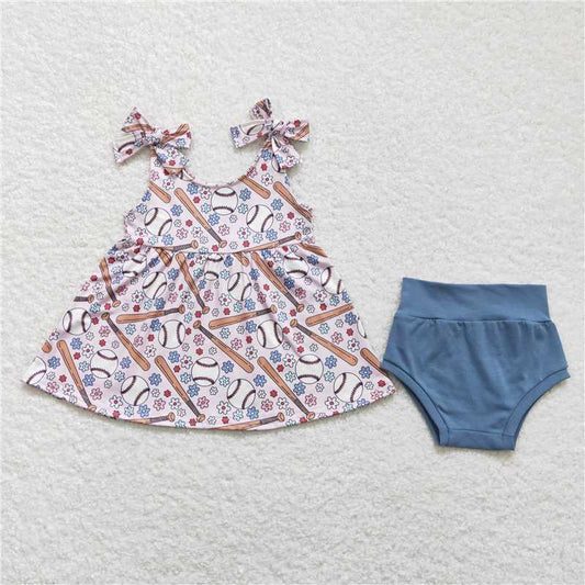 RTS GBO0242 Baby Girls Baseball Tunic Top with Flowers Bummies Outfit Set Cute Baby Girl Clothing Set