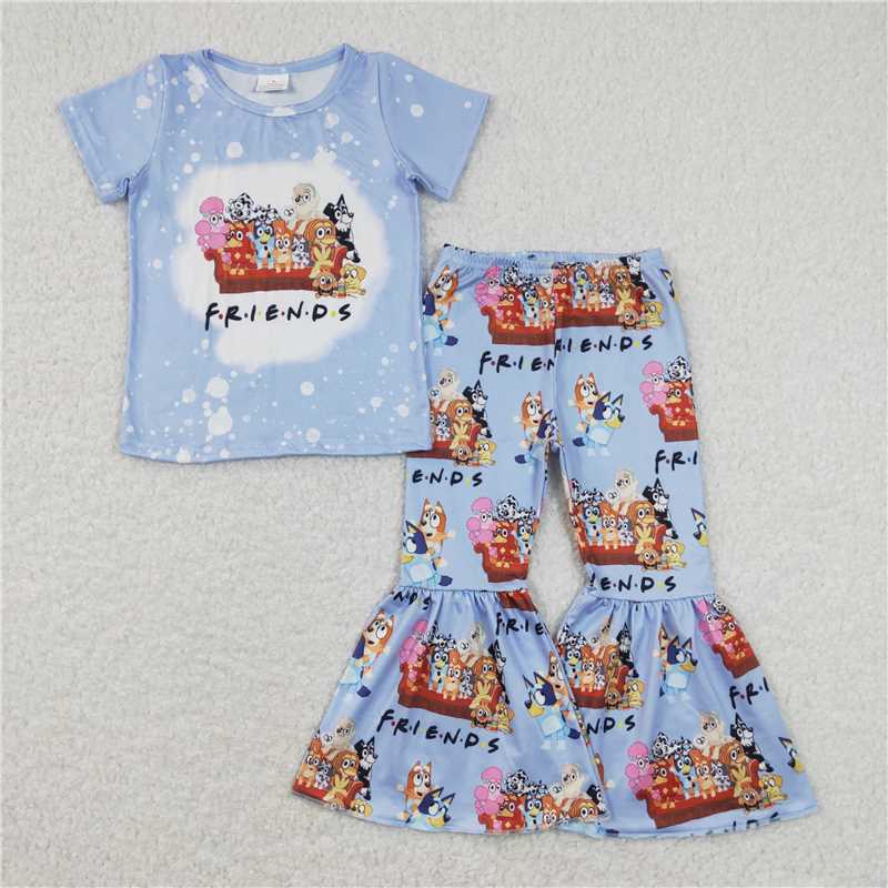 RTS GSPO1286 Baby Girls Short Sleeve Dog Friends Print Tee Top And Flare Bell Pants Clothing Set Cute Outfit for Little Ones