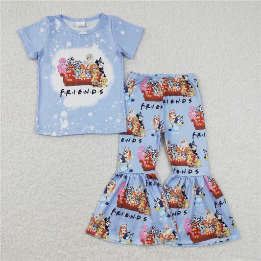 RTS GSPO1286 Baby Girls Short Sleeve Dog Friends Print Tee Top And Flare Bell Pants Clothing Set Cute Outfit for Little Ones