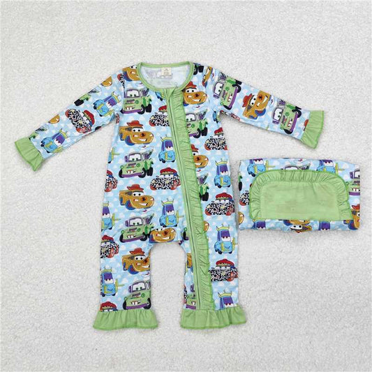 Sibling Girls Baby Infant Boys Green Cars Bamboo Zip Rompers