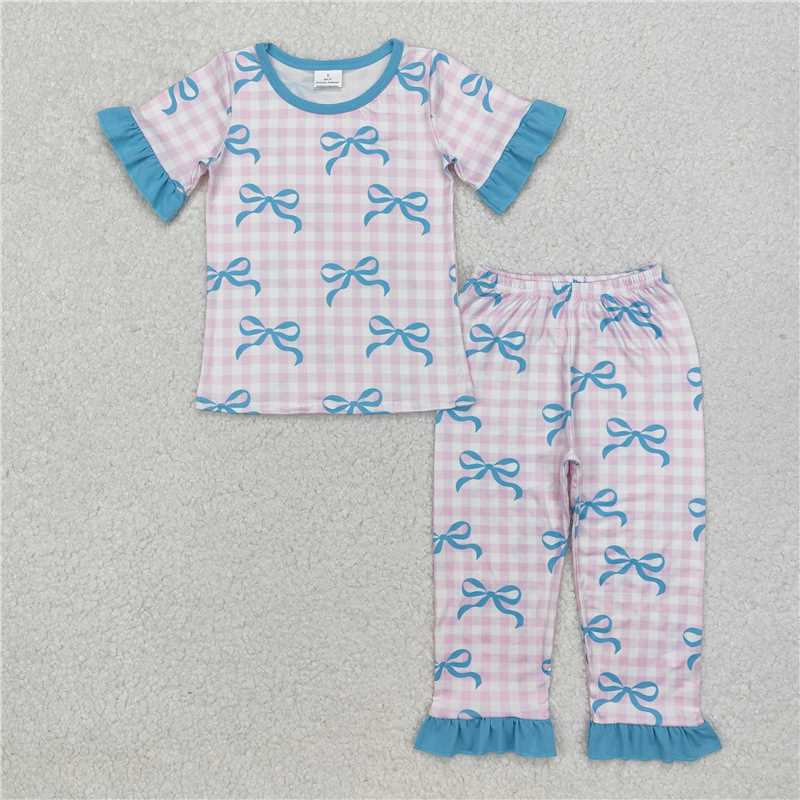 RTS GSPO1736  Baby Girls Pink Checkered Bows Pajamas Set Top And Pants Outfit Clothes Set for Infants