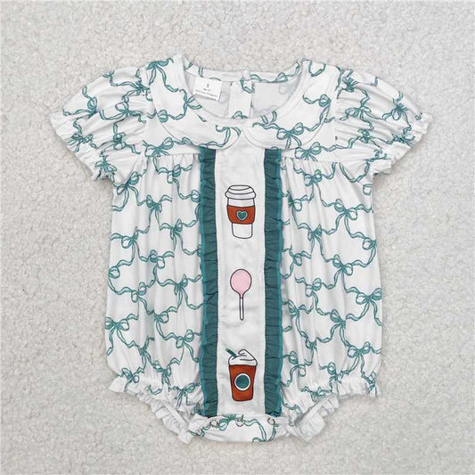 RTS SR2281 Baby Infant Girls Short Sleeve Rompers with Coffee Green Bows Cute And Fashionable Outfit for Little Ones