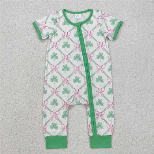 RTS SR2109 Baby Boys Romper Baby Infant Girls St Patrick Quatrefoil Bows Zip Rompers