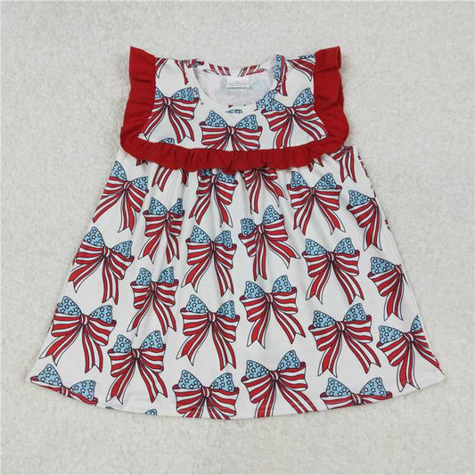 RTS GT0949 Baby Girls 4th of July Bow Ruffles Tunic Tops Red White And Blue Cotton Blend Outfit for Little Girls