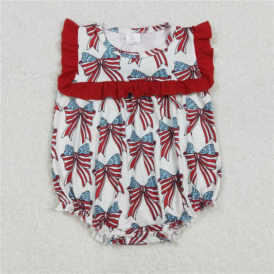 RTS SR2664 Baby Infant Girls 4th of July Bow Ruffle Rompers Red White And Blue Cotton Rompers for Newborn Baby Girl
