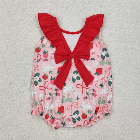 RTS SR2582 Infant Girls Sleeveless Rompers with Strawberry Bows Baby Girl's Summer Outfit Soft Cotton Romper for Newborns