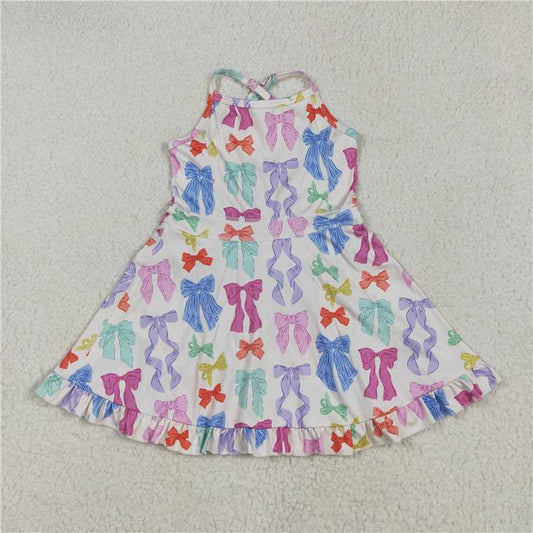 RTS GSD2291 Baby Girls Strap Colorful Bows Yoga Ruffle Knee-Length Dresses Infant Girls Frock with Elastic Band for Comfortable Fit
