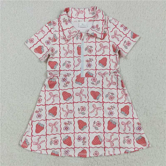 RTS GSD2407  Baby Girls Knee-Length Yoga Dress Short Sleeves Bows Strawberry Zipper Design Casual Fashion Outfit for Little Ones