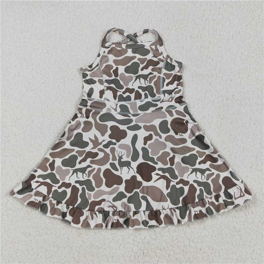 RTS GSD2311 Baby Girls Camo Yoga Ruffle Knee-Length Dress with Strap Green Deer Dogs Ducks Print for Kids' Clothing